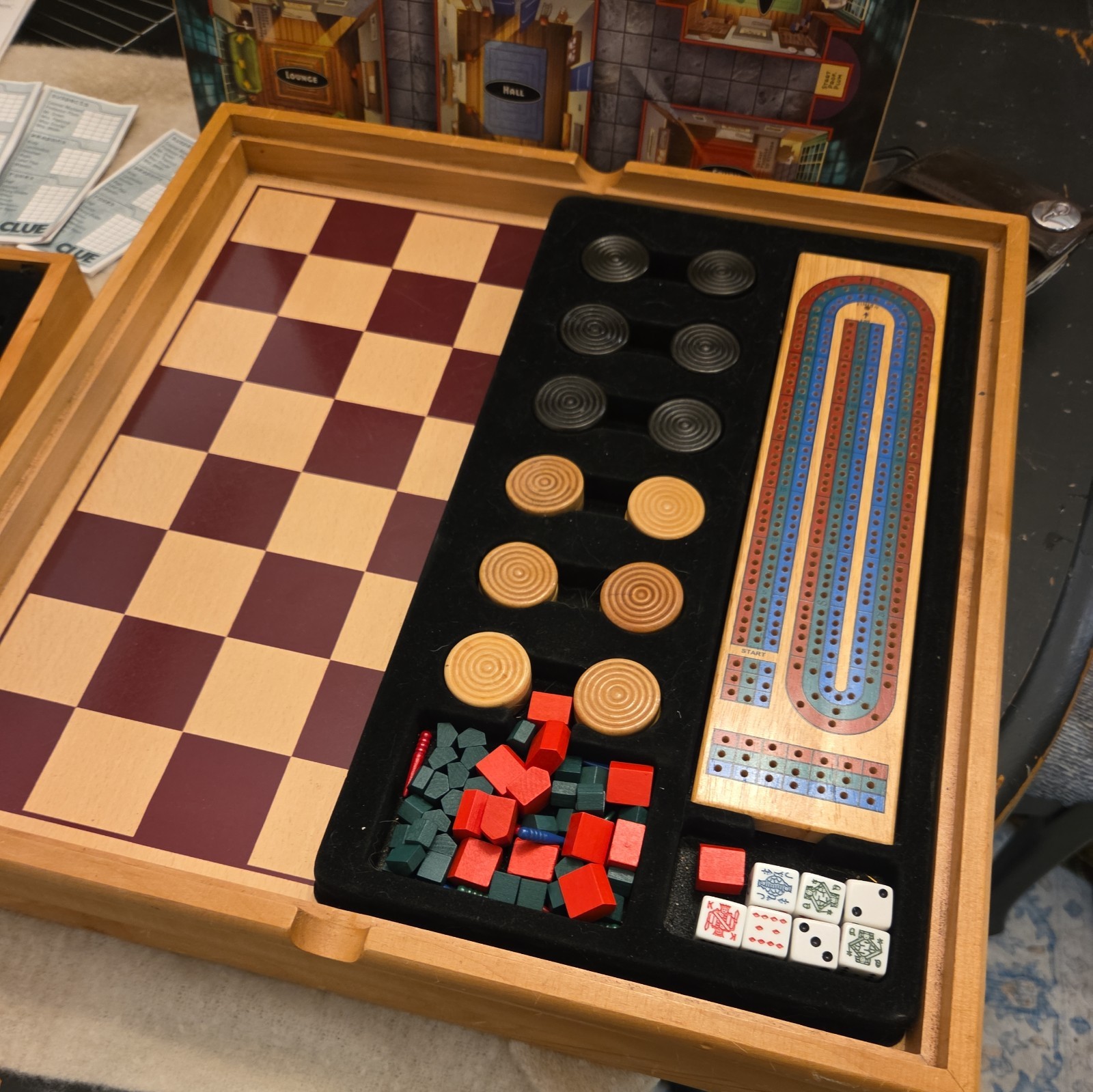 Vintage Monopoly Clue +6 Classic Games Wood Cabinet Used 2004 Chess checker etc