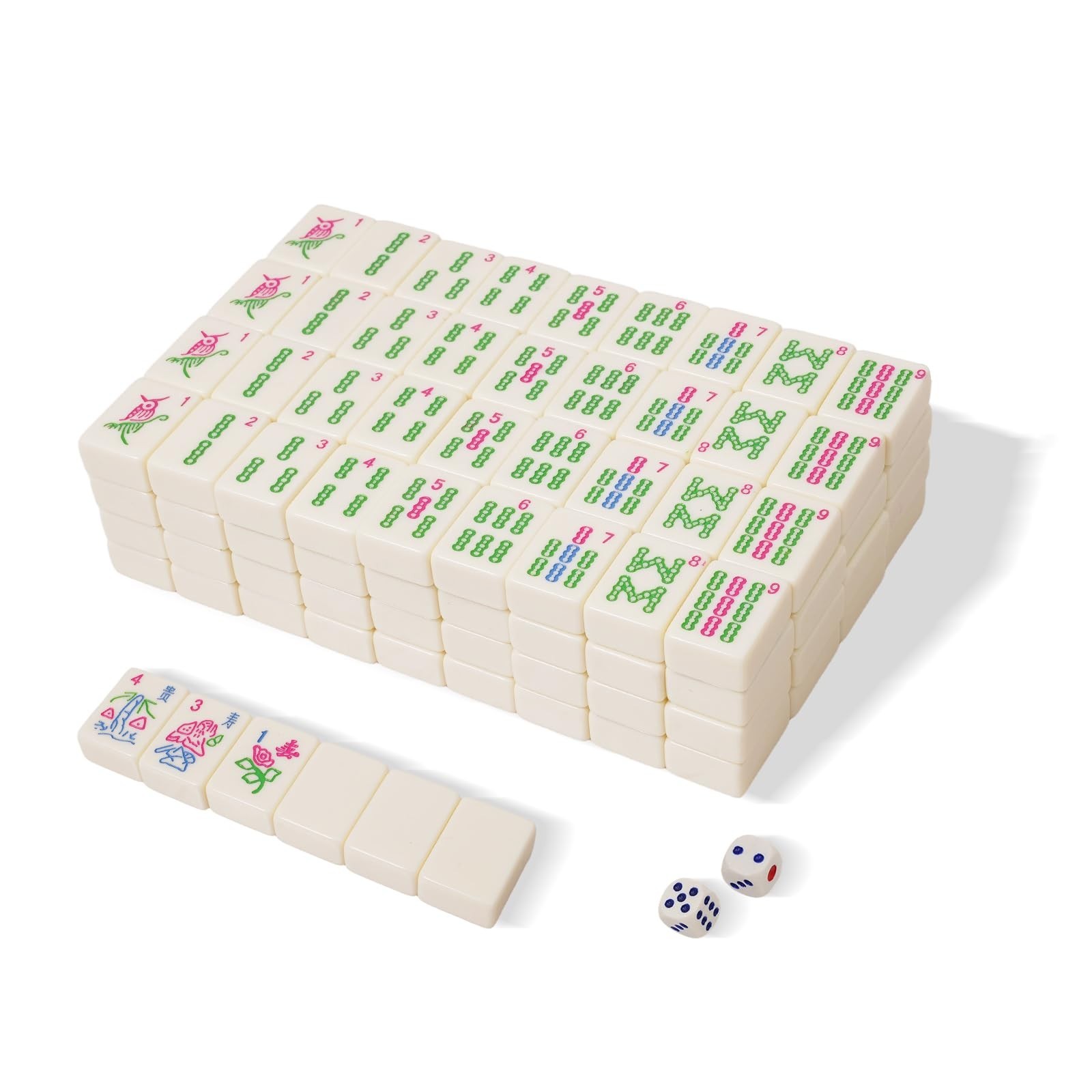 Colorful Mahjong Tile Set with 2 Dice, 166 Engraved Tiles (1.2”) – American Styl