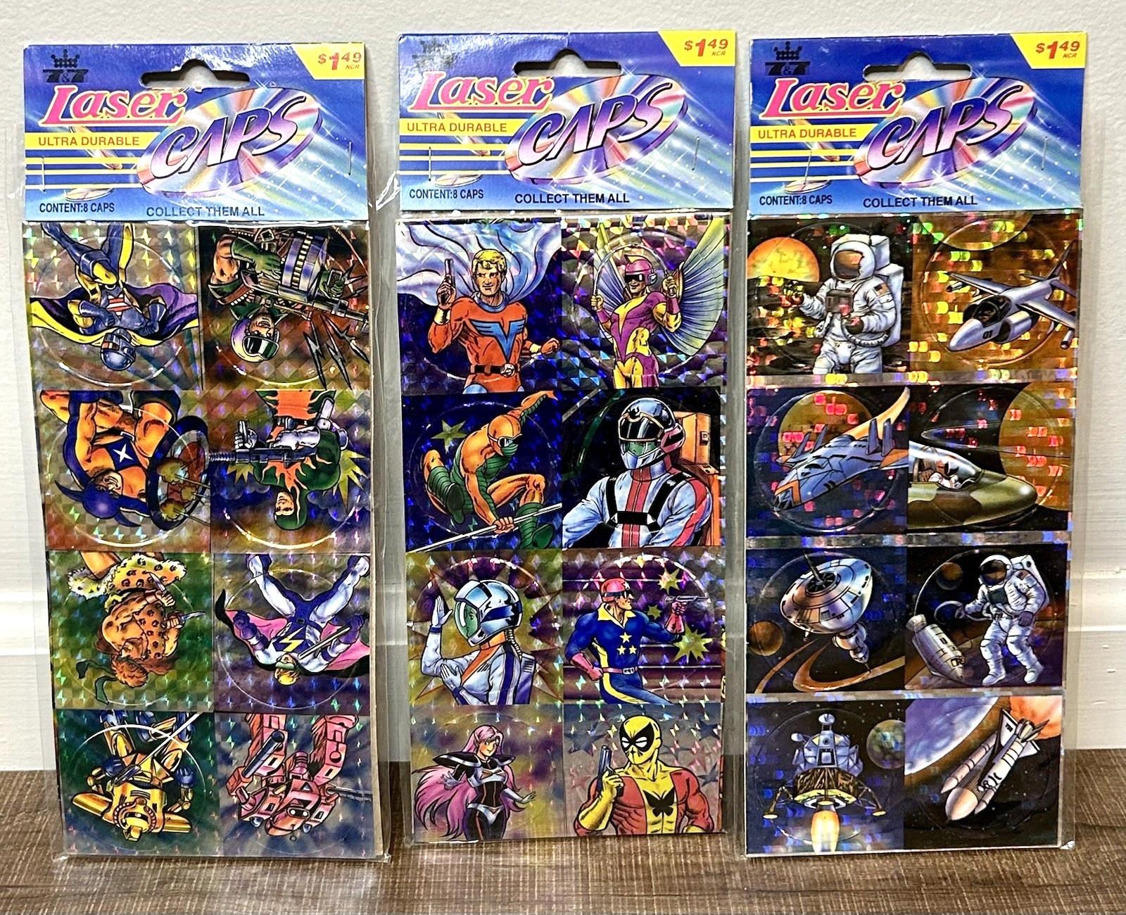 Vintage Laser Caps 90s Pogs Sealed Pack Holographic 3 Packs of 8 (24 Total Pogs)
