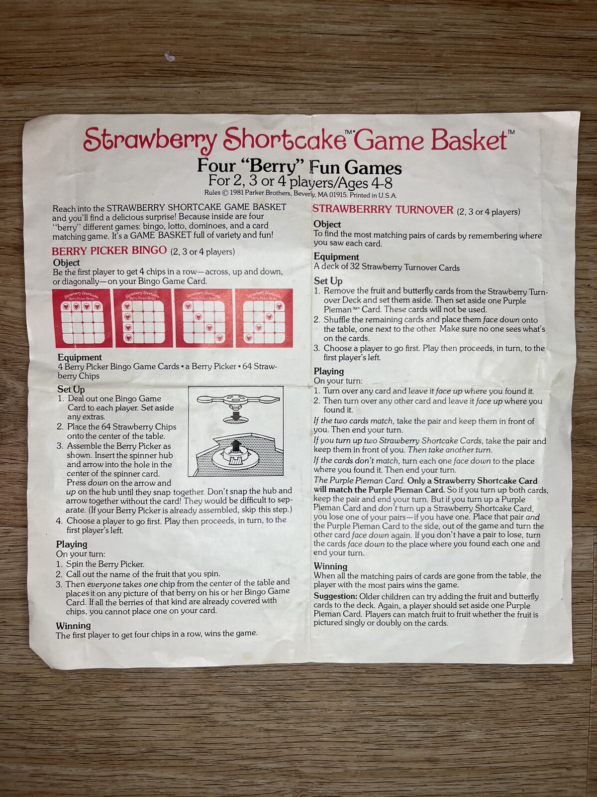Vintage 1981 Stawberry Shortcake Game Basket Four “Berry” Fun Games Parker Bros