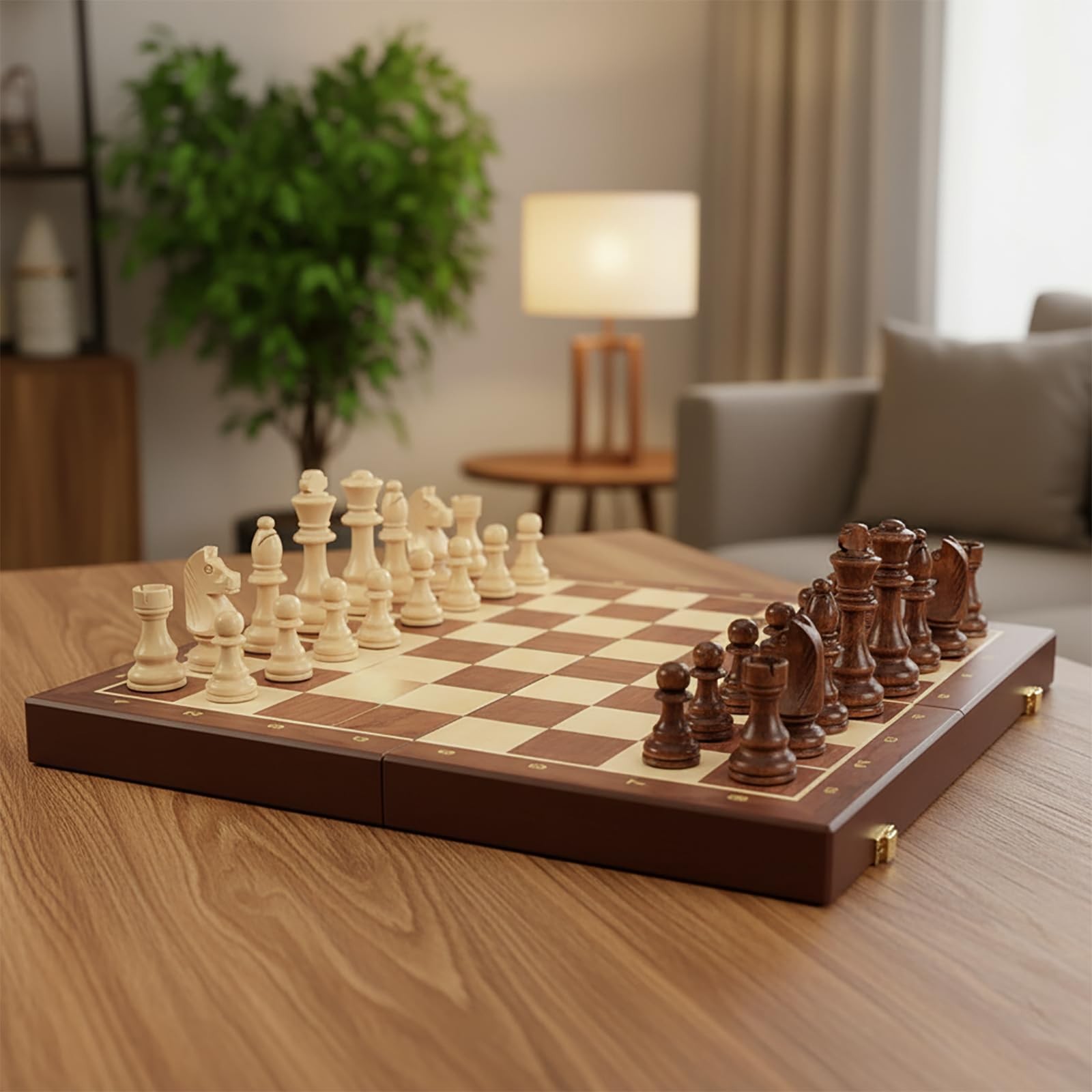 15” Walnut Chess Set with Storage Board for Adults & Children, 2 Players