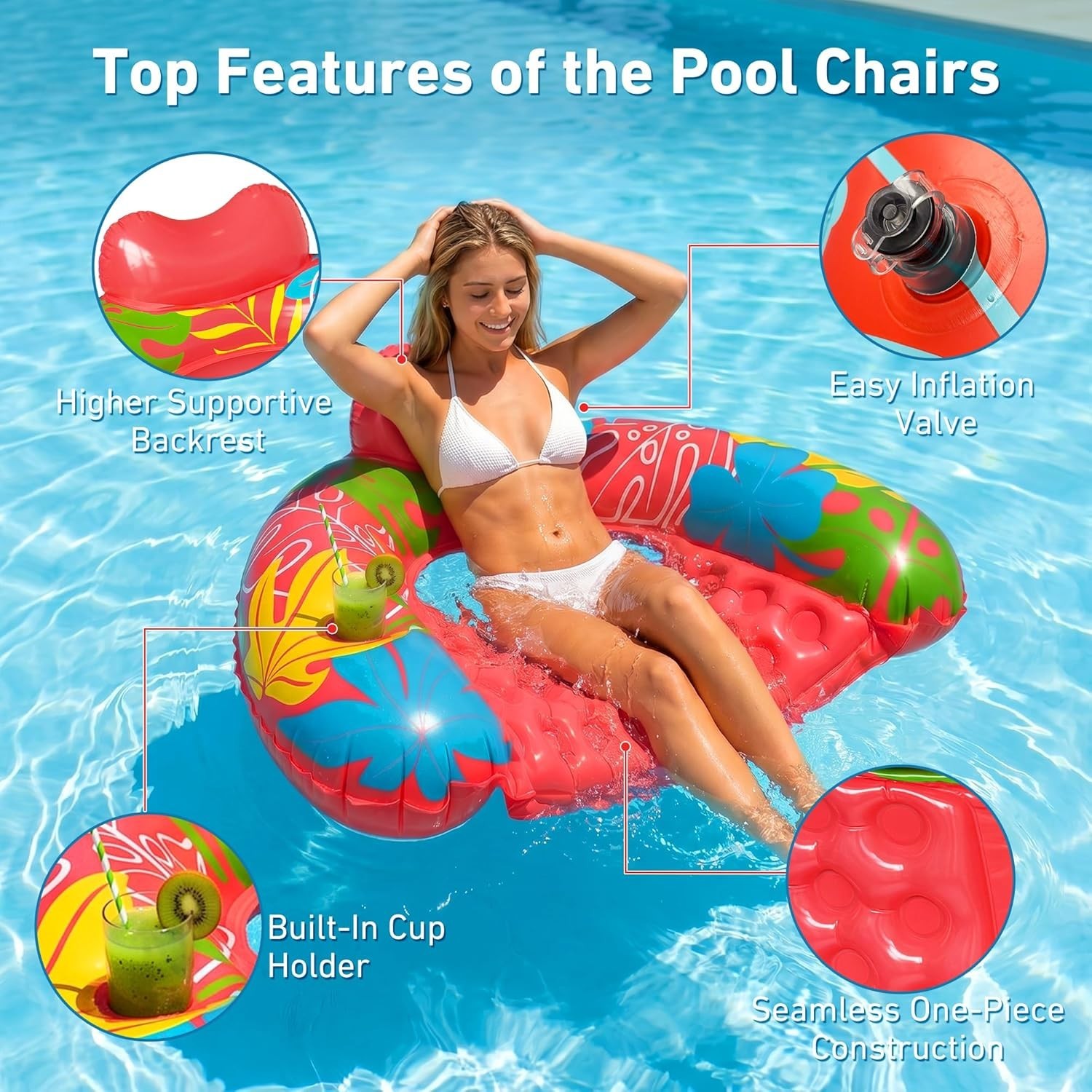 Pool Float Chair 3 Pack Inflatable Cup Holder Blue Green Pink Floats Adult Lake