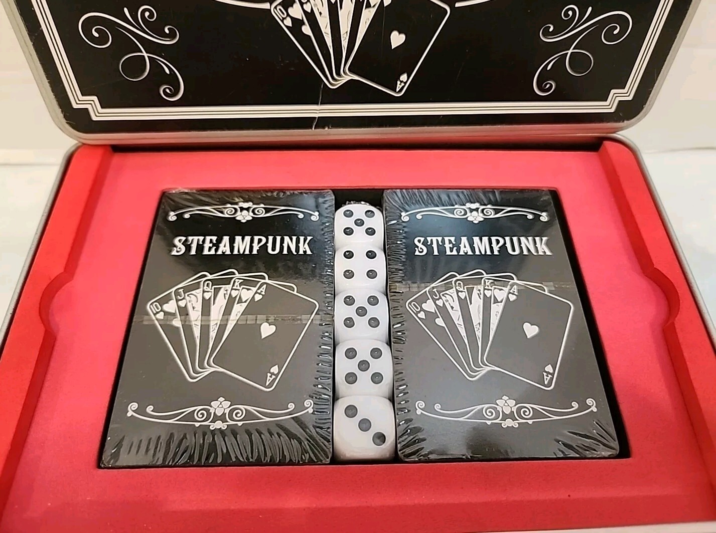 Steampunk Gentlemen’s Playing Card Games In Tin Instructions Sealed Dice & Cards