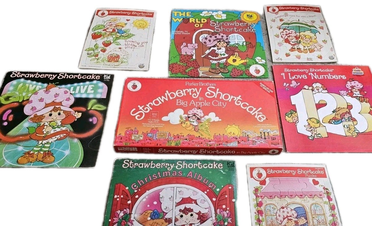 Vintage Strawberry Shortcake Lot- Board Game, 3 Puzzles & 4 Vinyl Records