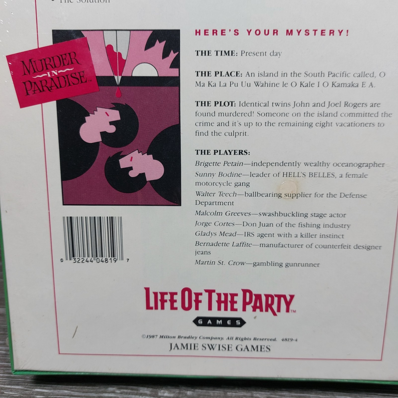 Vtg ’87 LIFE OF THE PARTY MYSTERY MURDER IN PARADISE DINNER PARTY GAME for 8 New