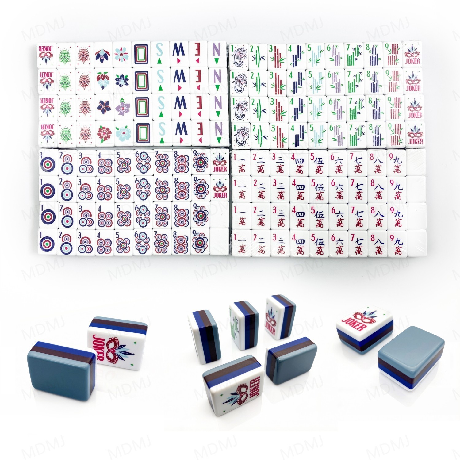 NEW! Vibrant Layered Mahjong Tiles – Full American Set 160Tiles – Gray-blue