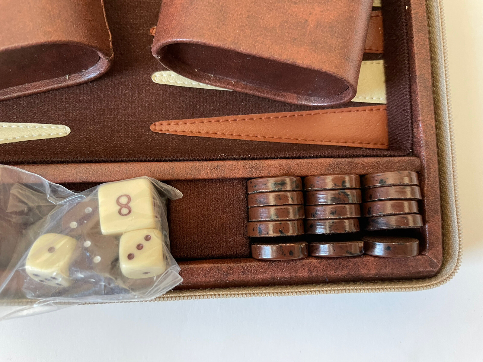 Vintage Backgammon Travel Case Set Brown Zippered Case Complete