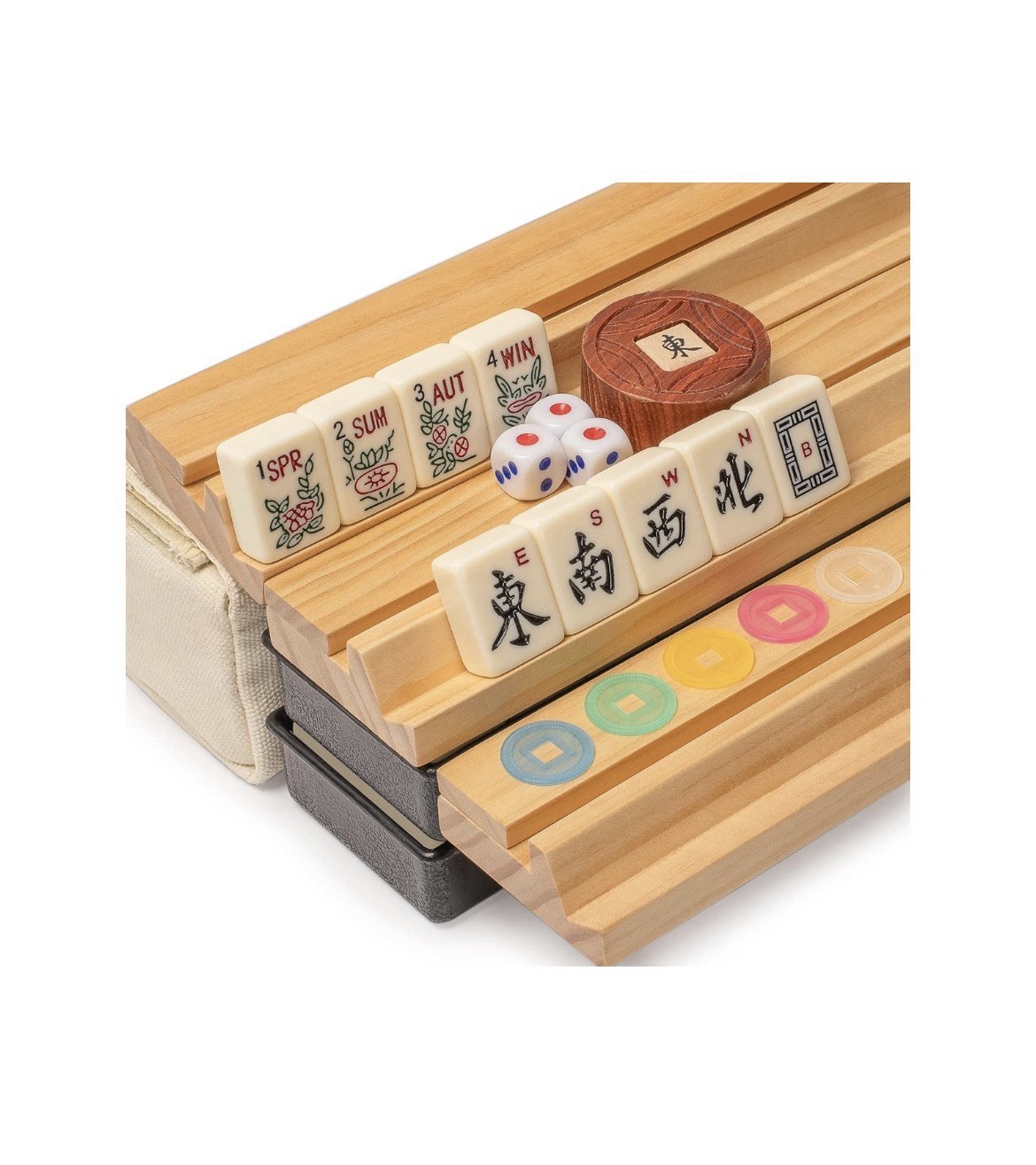 Yellow Mountain Imports American Mahjong Set Ivory Stripes 166 Tiles Beige Case