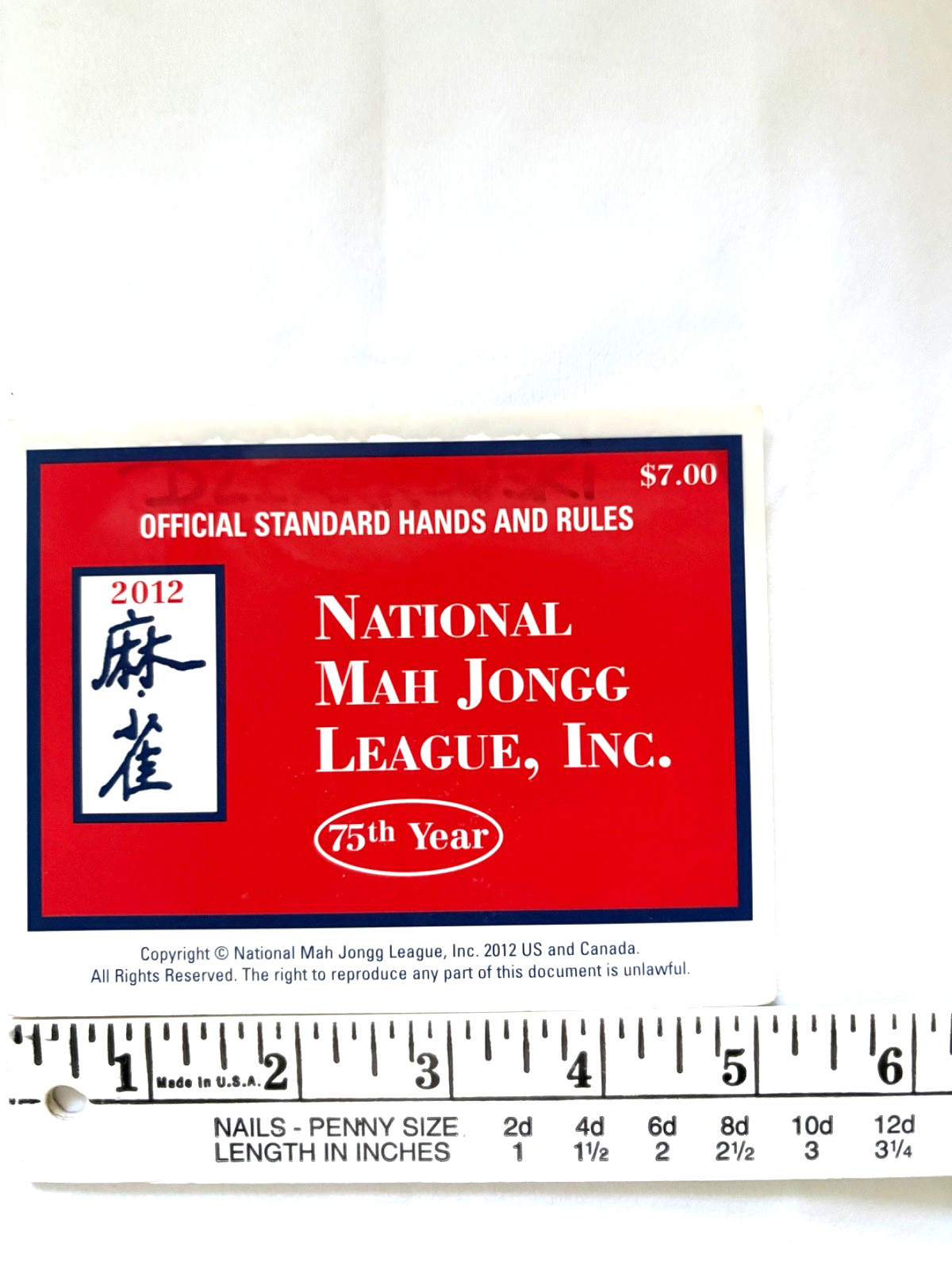 2012 National Mah Jongg League 1 Card 75th YR Official Hands & Rules Standard