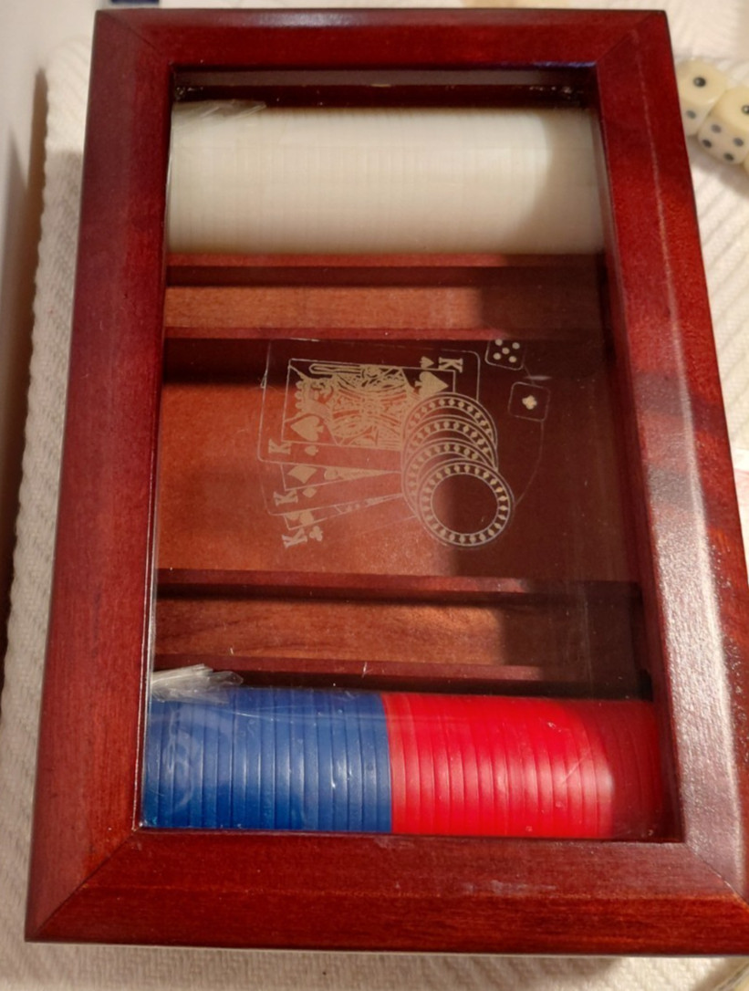 Poker set in wooden & glass box -sealed 2 sets dice/2 decks cards/2 chips-VTG