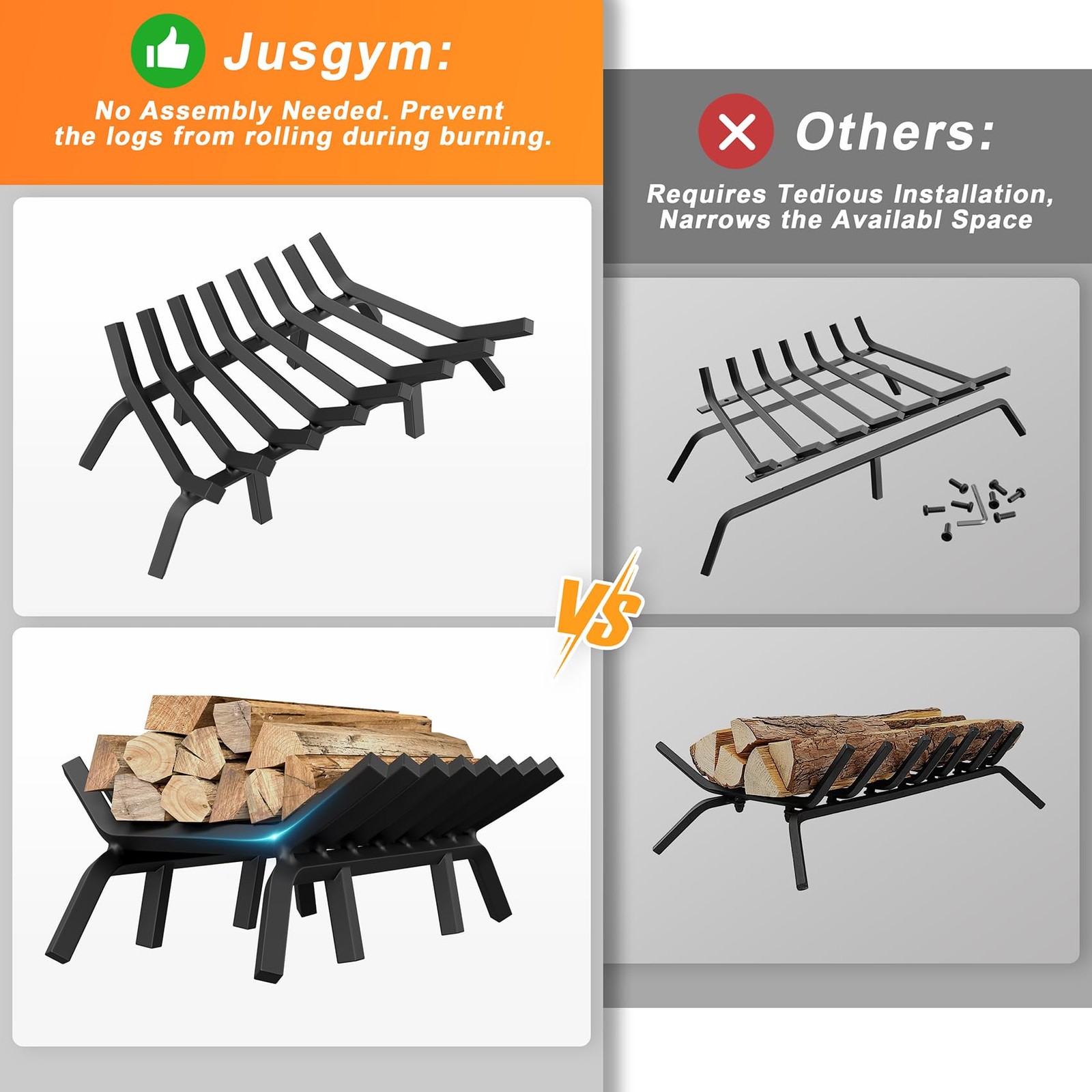 Jusgym Fireplace Grate 30 Inch with 8 Support Legs, Solid 30 inch, Black