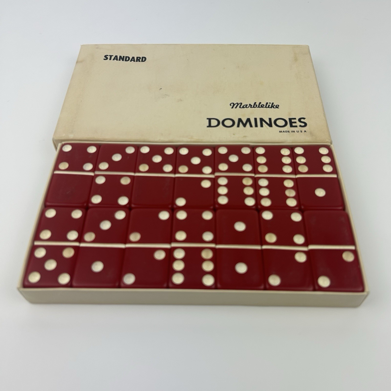 Vintage No. 616 Standard Marblelike Red 28 Dominoes Set Complete In Original Box