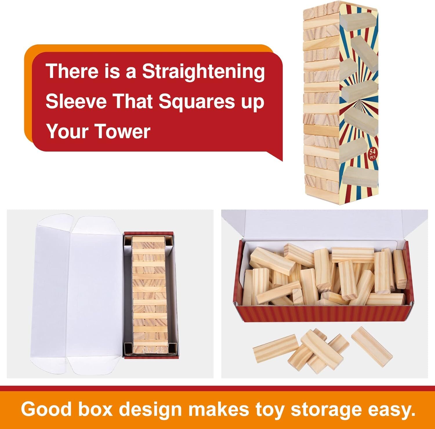 Tumble Tower Game for Kids and Adults – 54Pcs Classic Wood Block Stacking Game