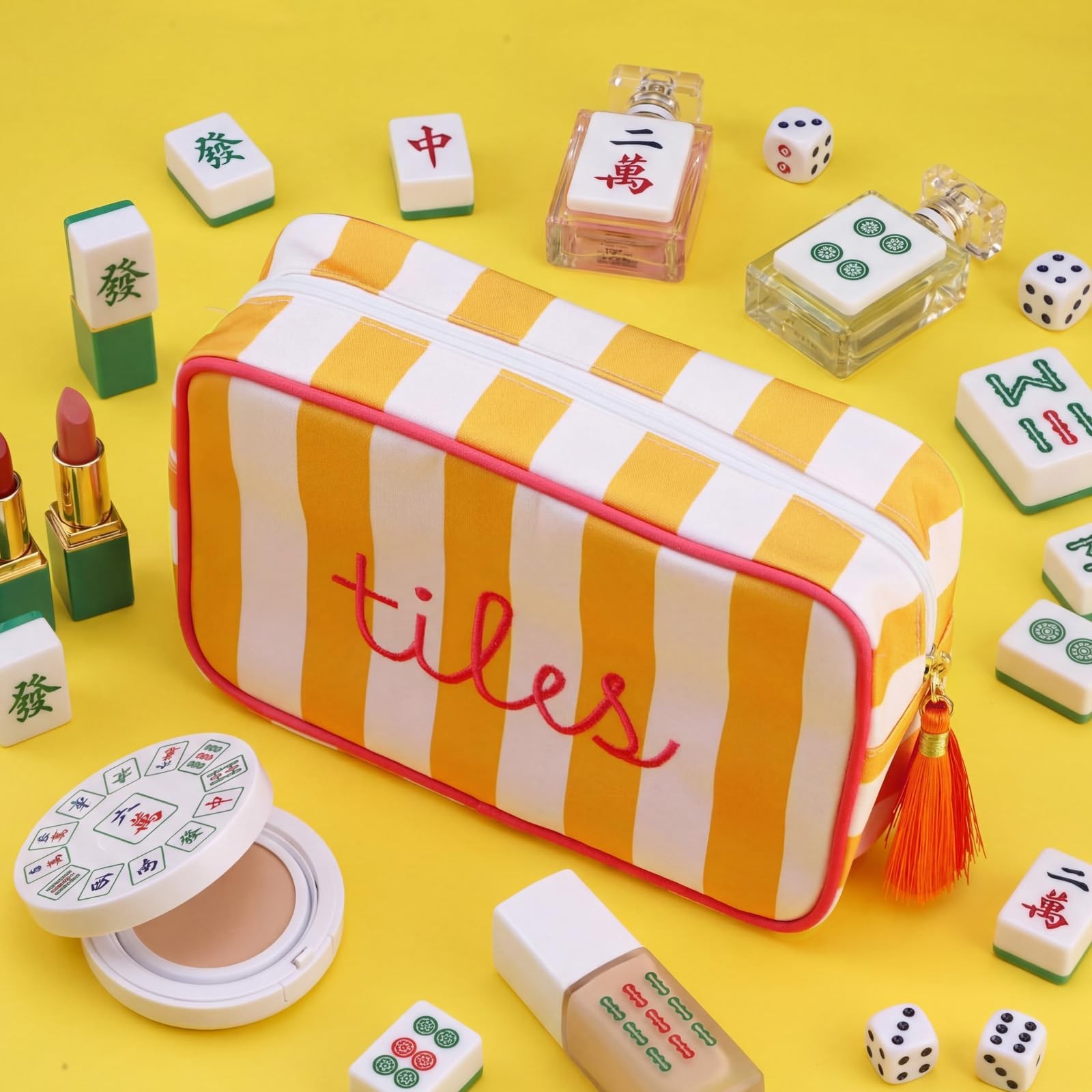 Mahjong Tile Bag with Zipper, Striped Embroidered Mahjong Storage Pouch Mah J…