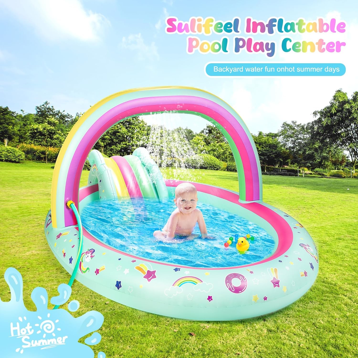 Rainbow Unicorn Inflatable Play Center Kiddie Pool W/ Slide & Sprinkler Children