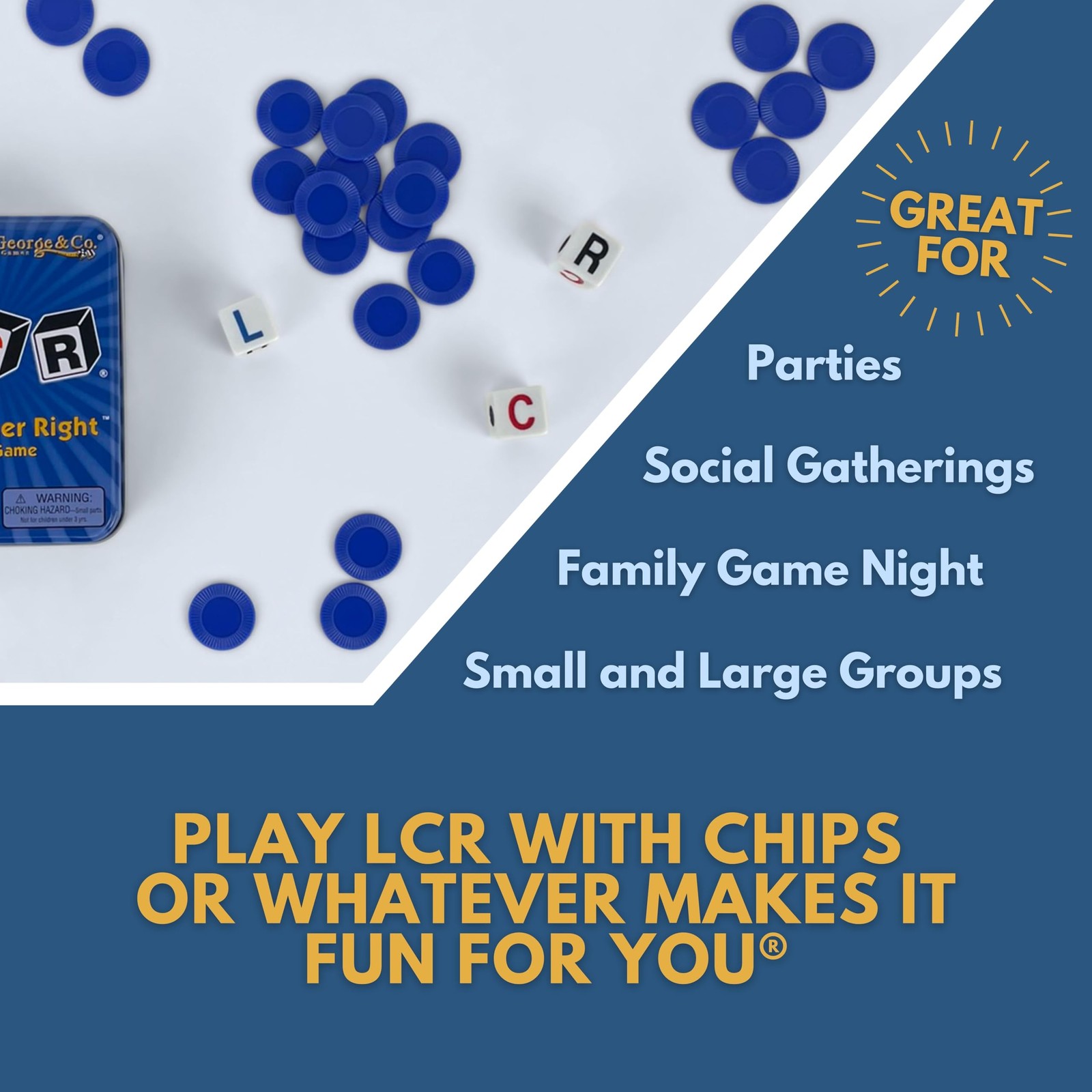 LCR® Left Center Right™ Dice Game – Blue Tin
