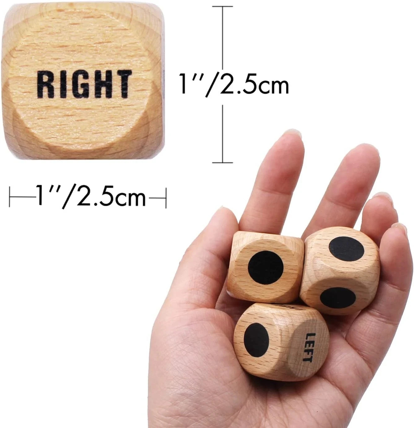 3Pcs Left Right Center Game Dice 1 Inch Beech Wood Dices with Drawstring Bag (3