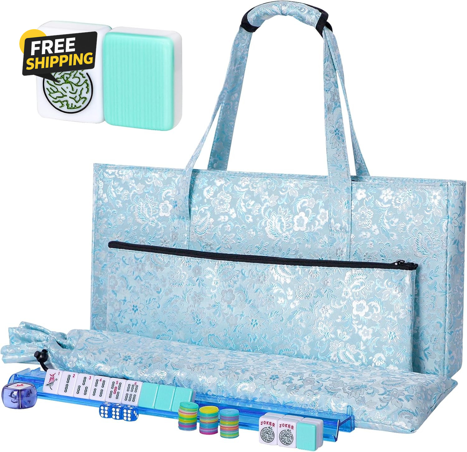 American Mahjong Game Set, 166 Light Green Tiles, Bag with Entire Accessories