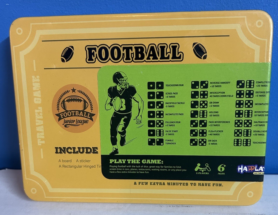 Football Tin Box Travel Dice Game Junior League Happlay- SEALED!