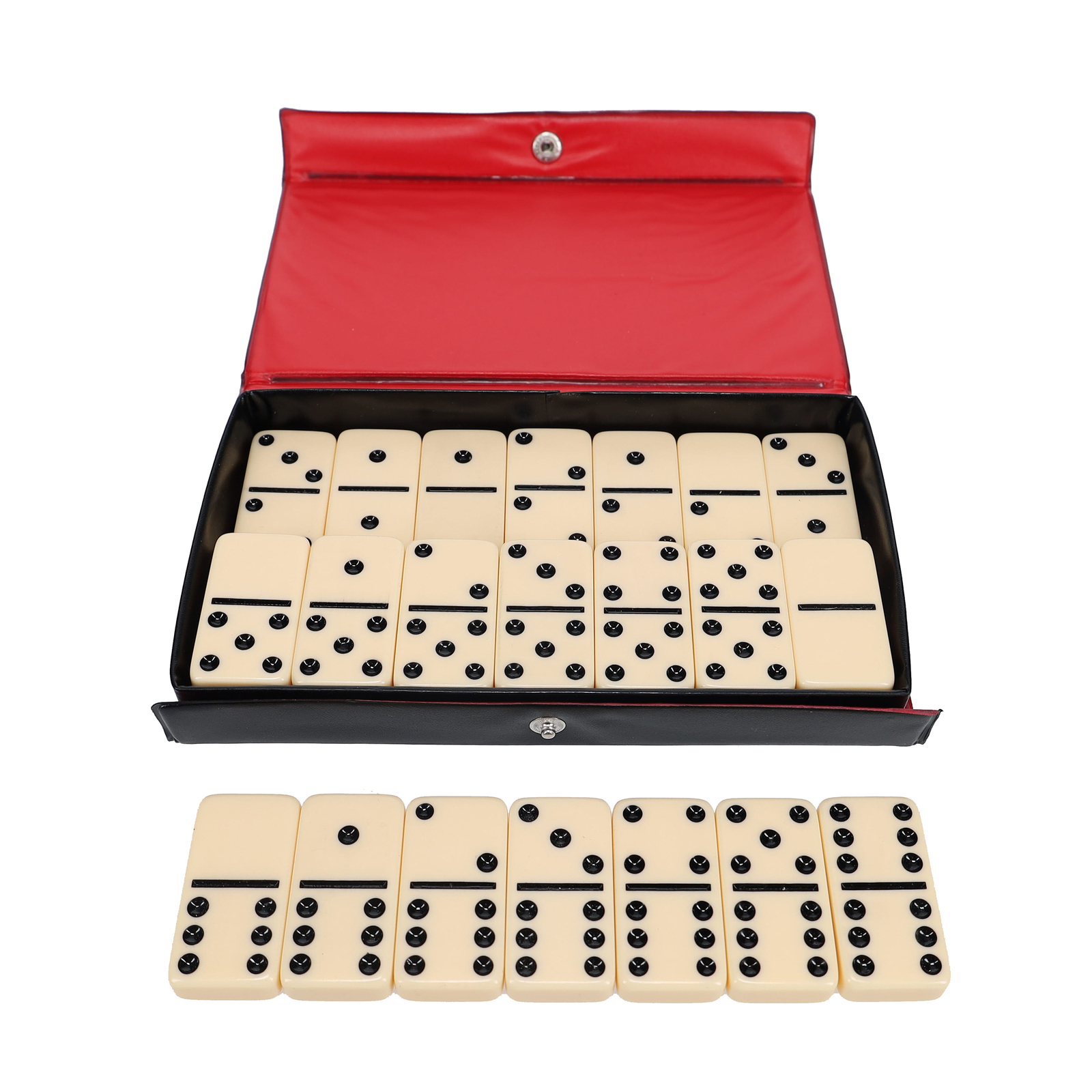 WE Games DOUBLE 6 Dominoes Ivory color tiles with black dots in black vinyl case