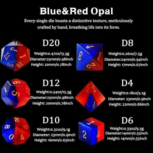 Gemstone DND Dice Set Natural Blue&Red Opal Dice Set 7Pieces D&D Dice Used in Du