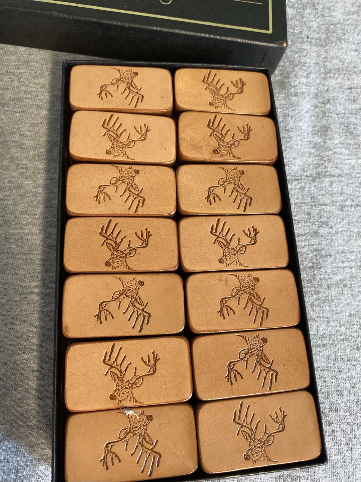 Nice In box Leather And Wood Deer Antler Dominoes-Rare