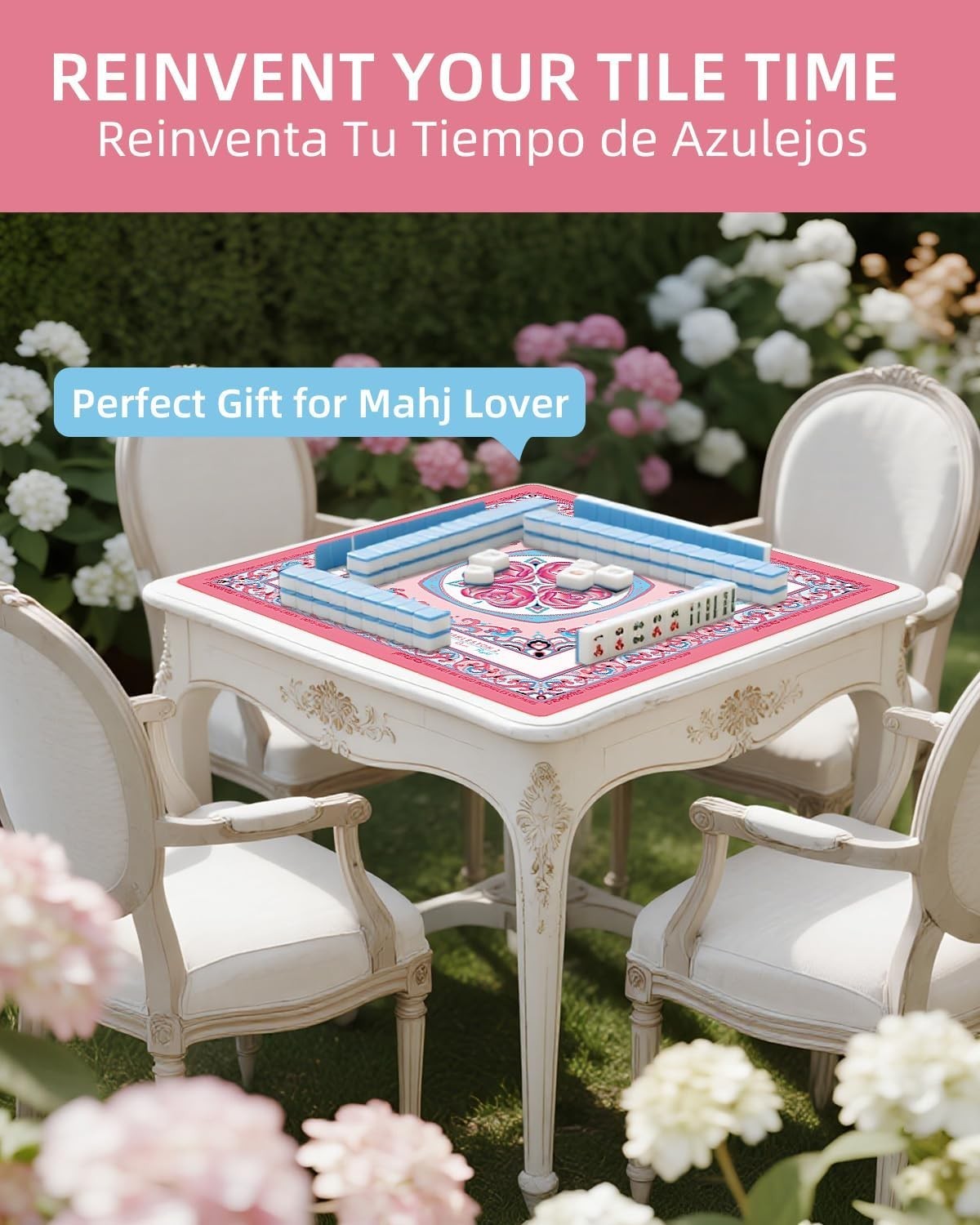 ® American Mahjong Mat with Rules – Pink Floral Mah Jong Table Cloth – 33″ Ne…