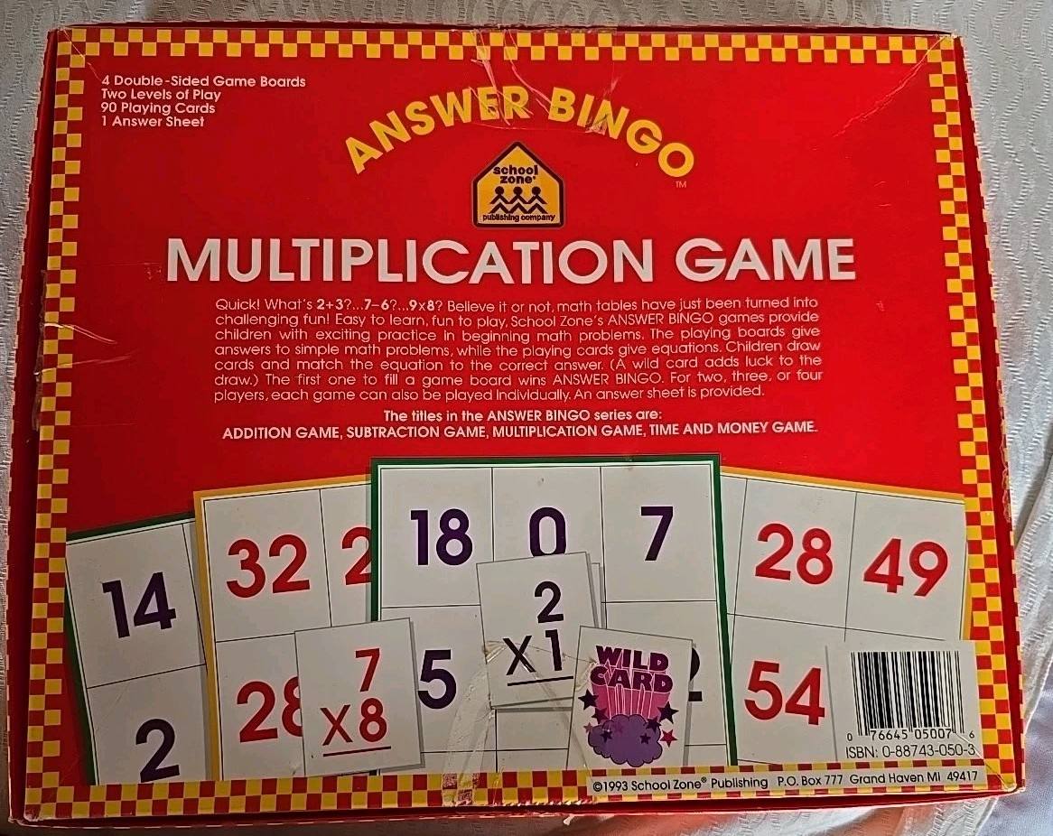 Vintage School Zone Publishing Co Answer Bingo Multiplication Game 1993
