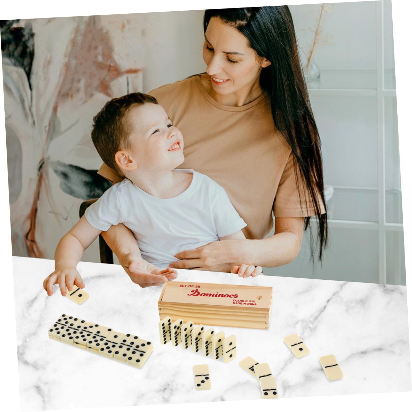Domino Set of 28 Double Six Dominoes Wood Box Center Pins Easy Flip
