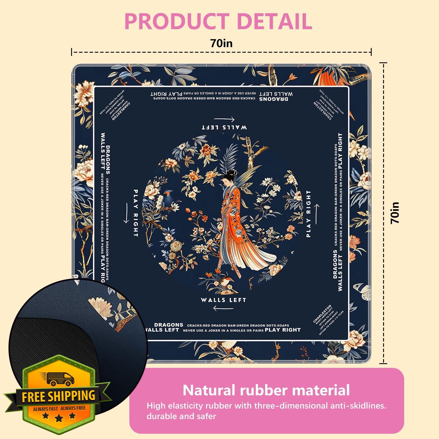 NATSUNO Navy Asian Floral Mahjong Mat 31.5×31.5 Non-Slip