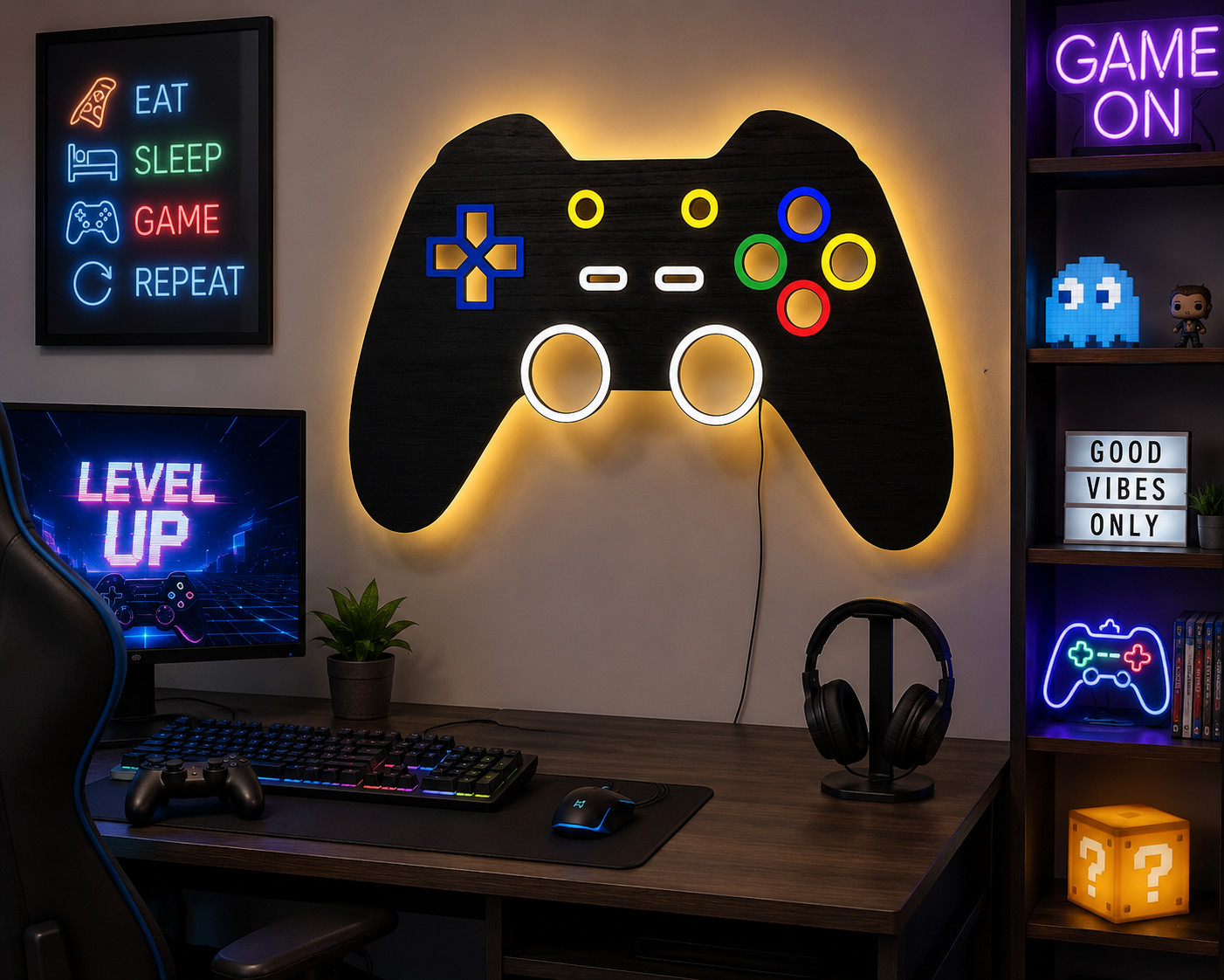 Game Controller LED Light Up Wood Wall Decor Gamer Room Gaming Wall Art 30 Inch