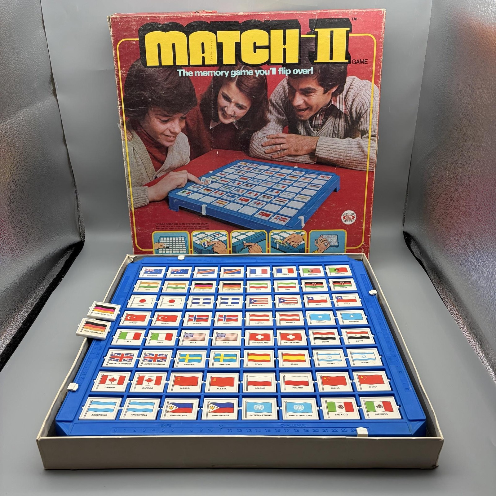 Vintage 1970s Match II Memory Board Game Ideal World Flags Maps Geography READ