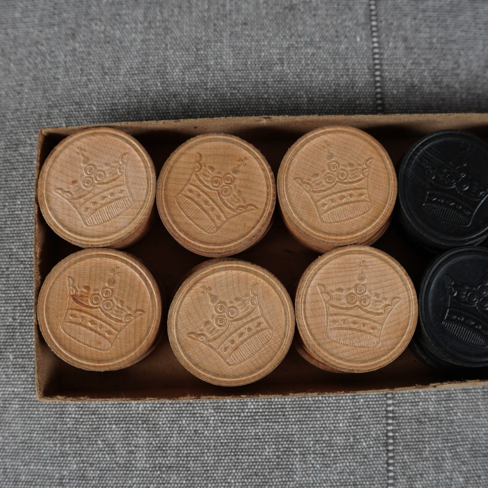 Vintage Wooden Checkers 24 Piece Set Hal Sam Made in USA Embossed Wood Game Box