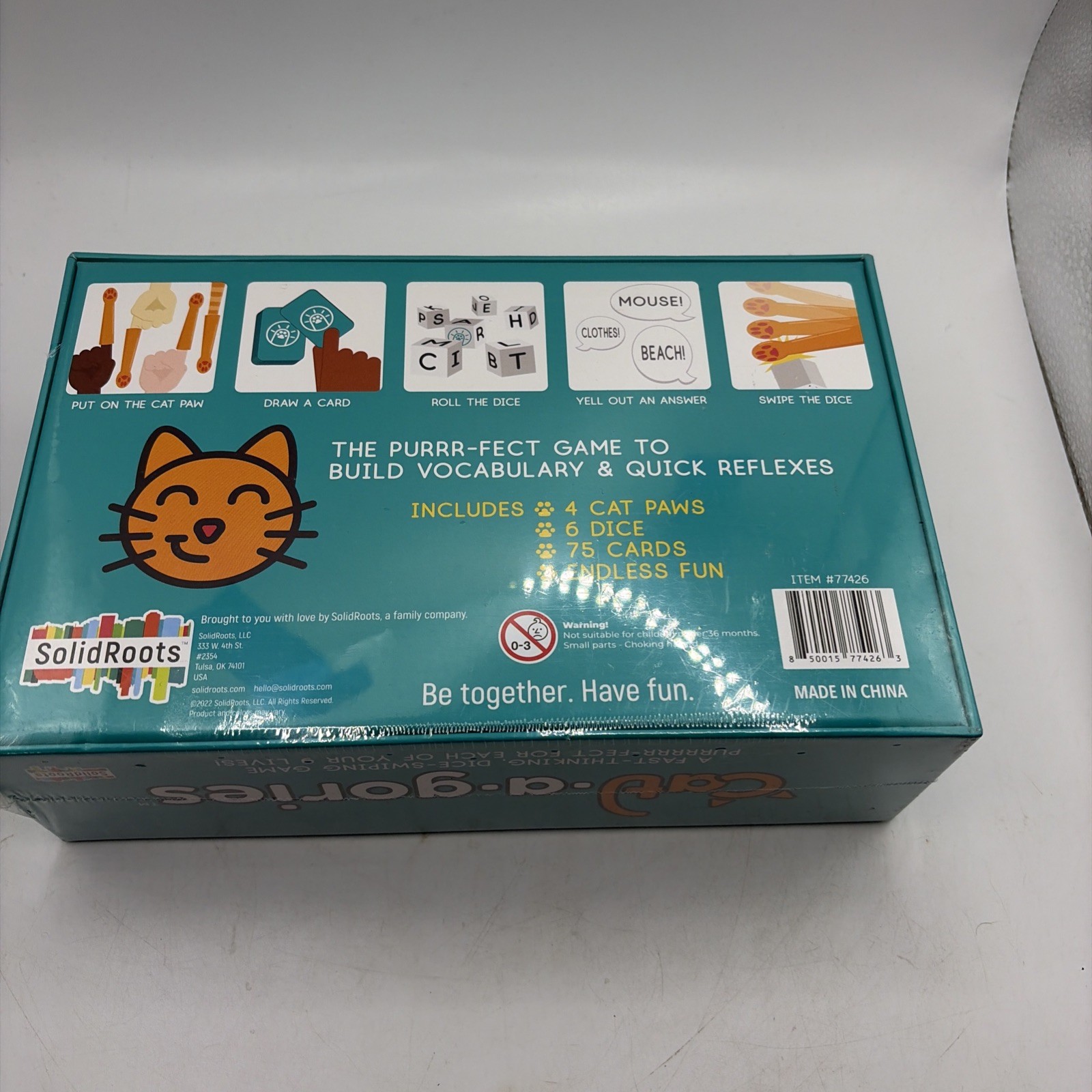 Solid Roots Cat-a-gories Game 2-4 Players 6+Wearable Cat Paws Dice & Topic Cards