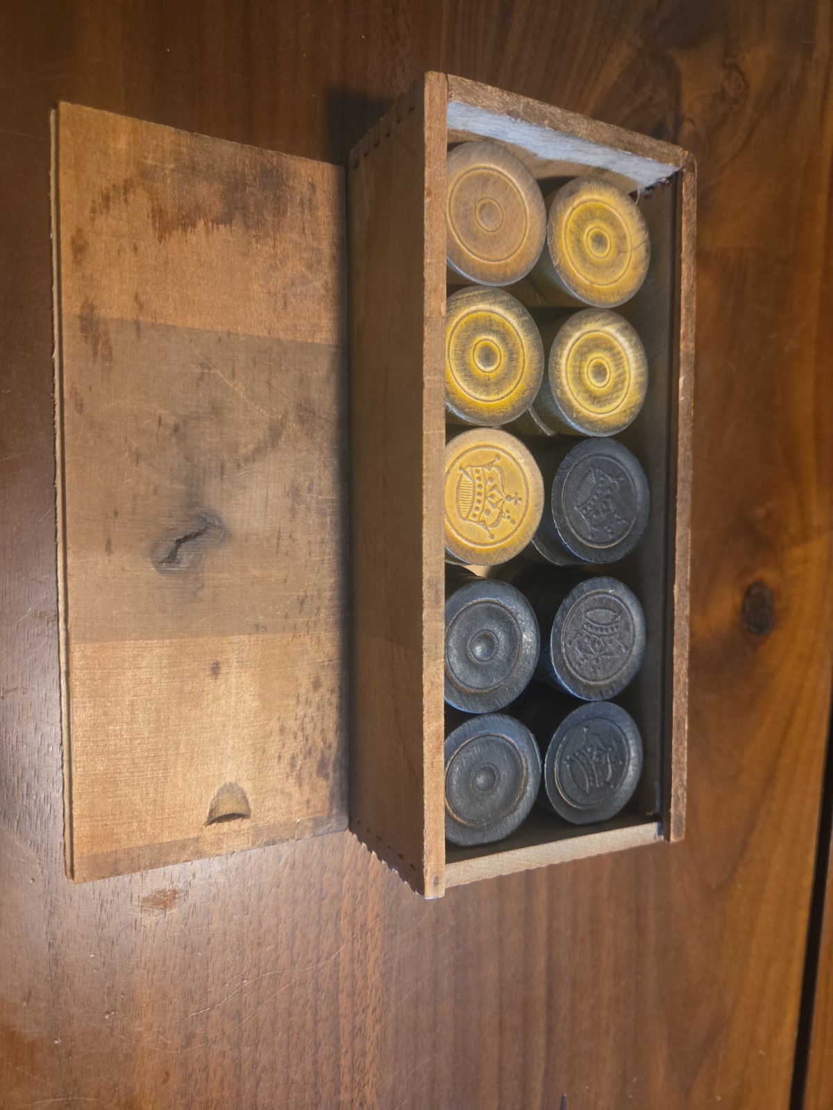Lot of Vintage Wood Checkers In A Slide Top Dovetailed Wood Box- 30 Checkers.