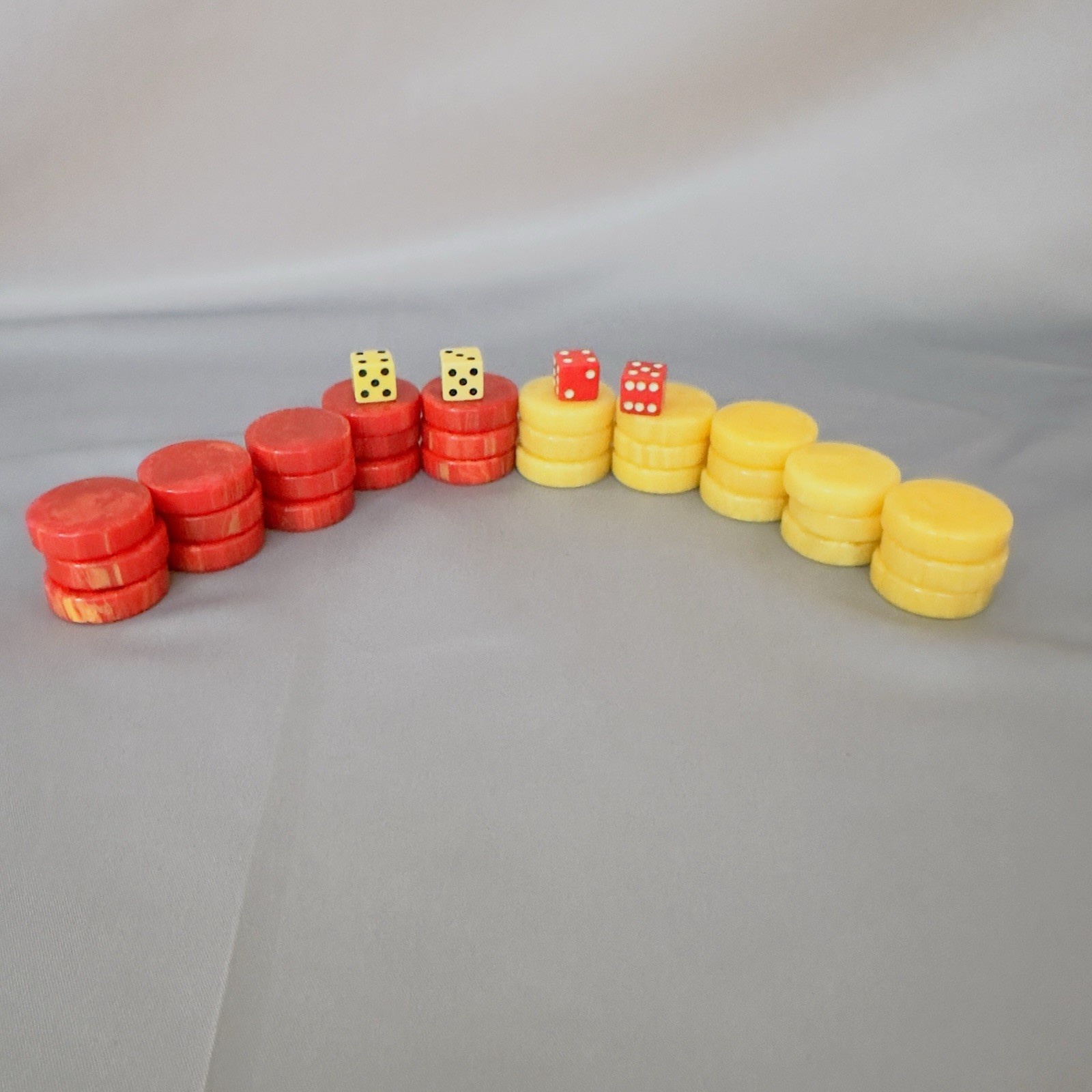 Bakelite Backgammon Checkers Set 30 Pieces Red Yellow Butterscotch Swirl w Dice