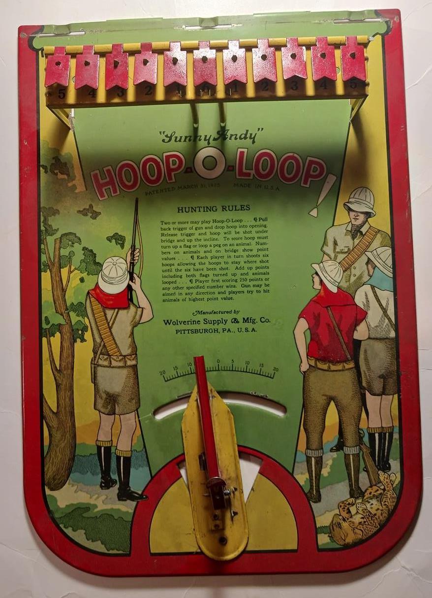 VINTAGE SUNNY ANDY HOOP O LOOP HUNTING GAME WOLVERINE 1925 SHOOTING TIN TOY
