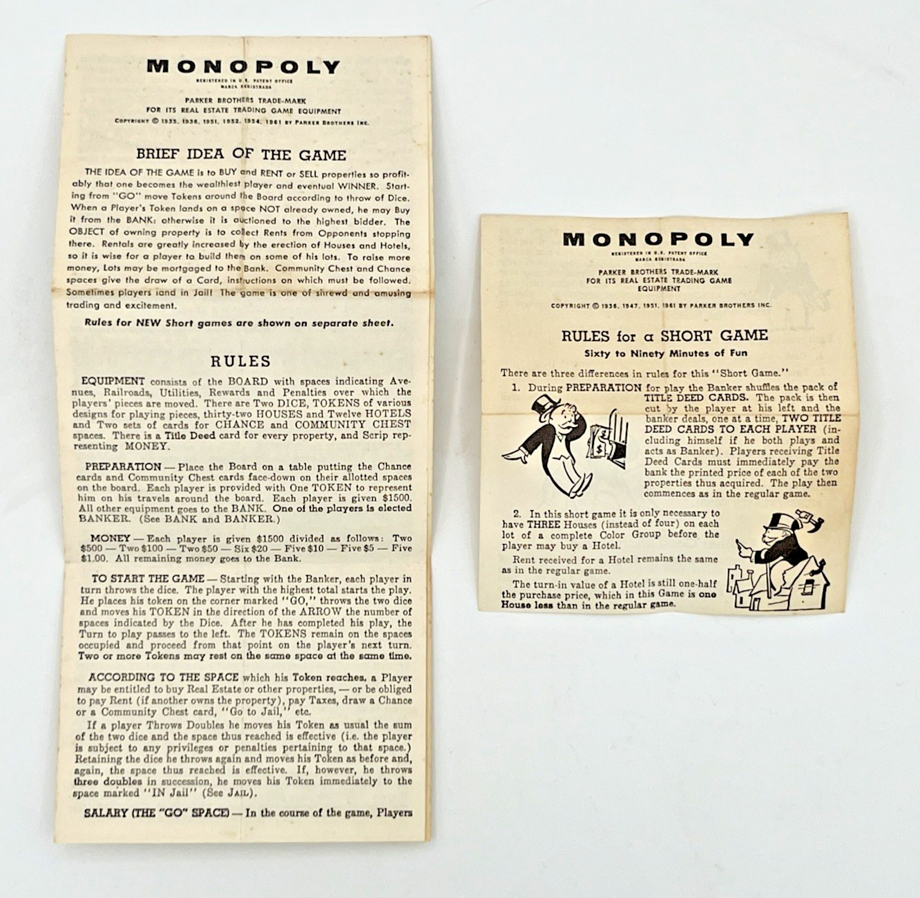 Monopoly Game Instructions Rules Replacement Regular and Short Games 1961