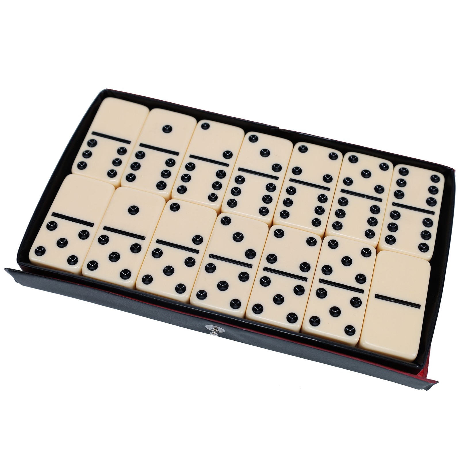 WE Games DOUBLE 6 Dominoes Ivory color tiles with black dots in black vinyl case
