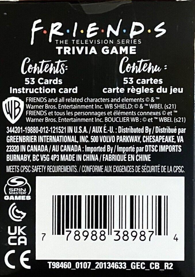 Friends Trivia Game Television Series 53 Card Deck Sealed