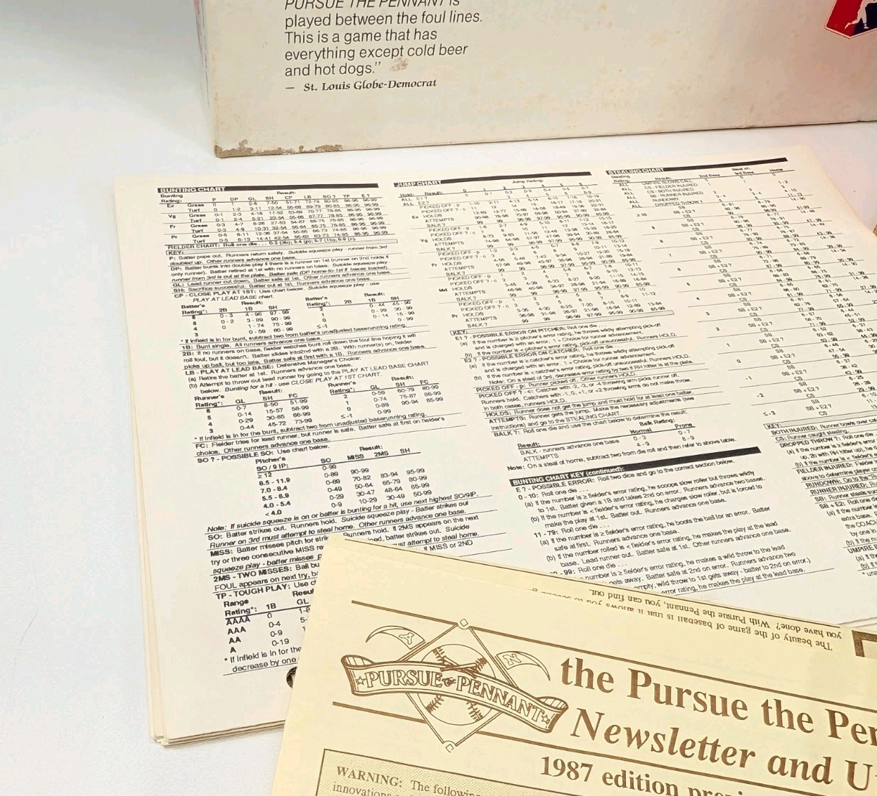 Pursue the Pennant Baseball Simulation Board Game 1987 Edition