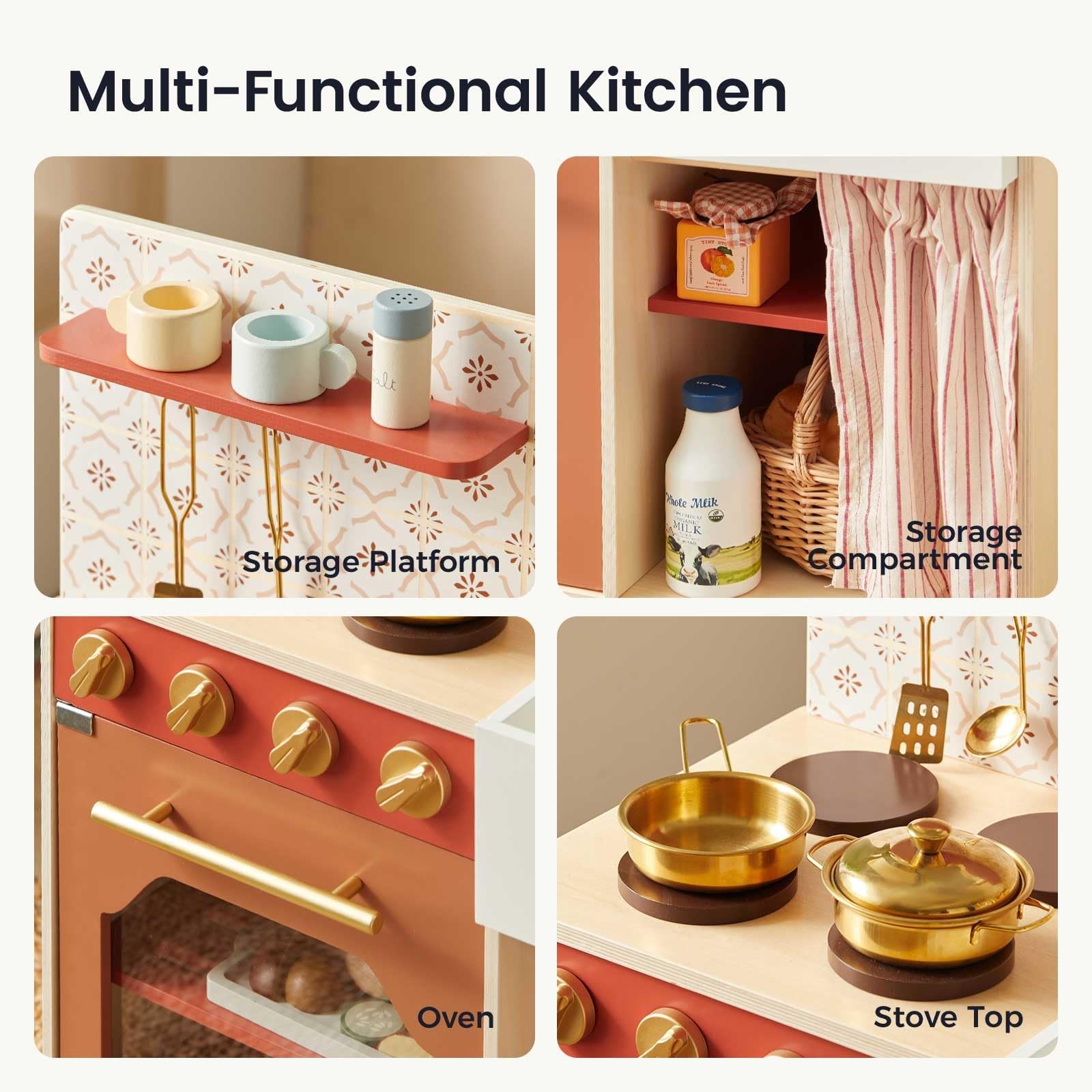 Wooden Play Kitchen Toddler Warm Retro Design 23 L x 12 W 29 H Tiny Land