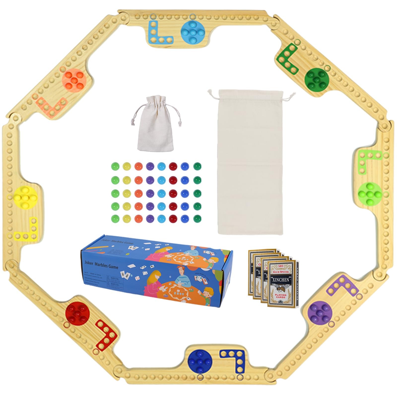 Wooden Jokers and Marbles Game Set 2 to 8 Players Travel Board with Cards
