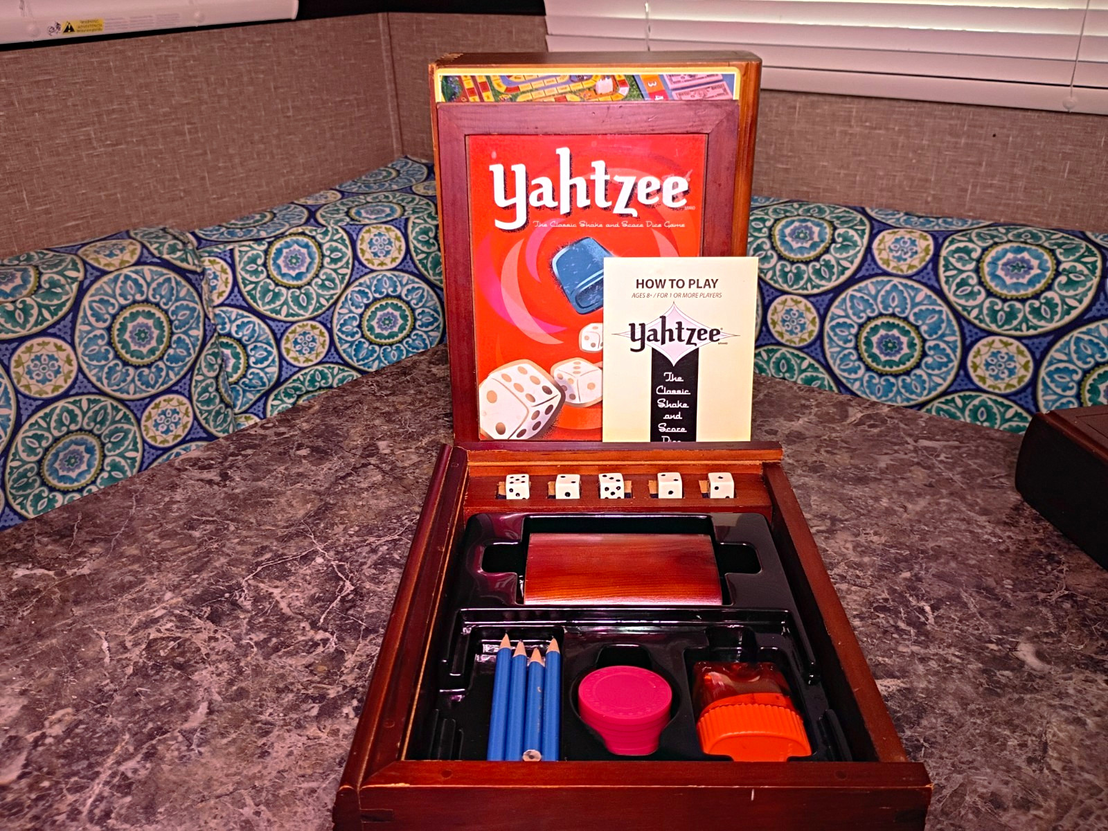 Yahtzee Strategy Dice Game Complete Set in Wooden Box, Ages 8+ 1+ Players