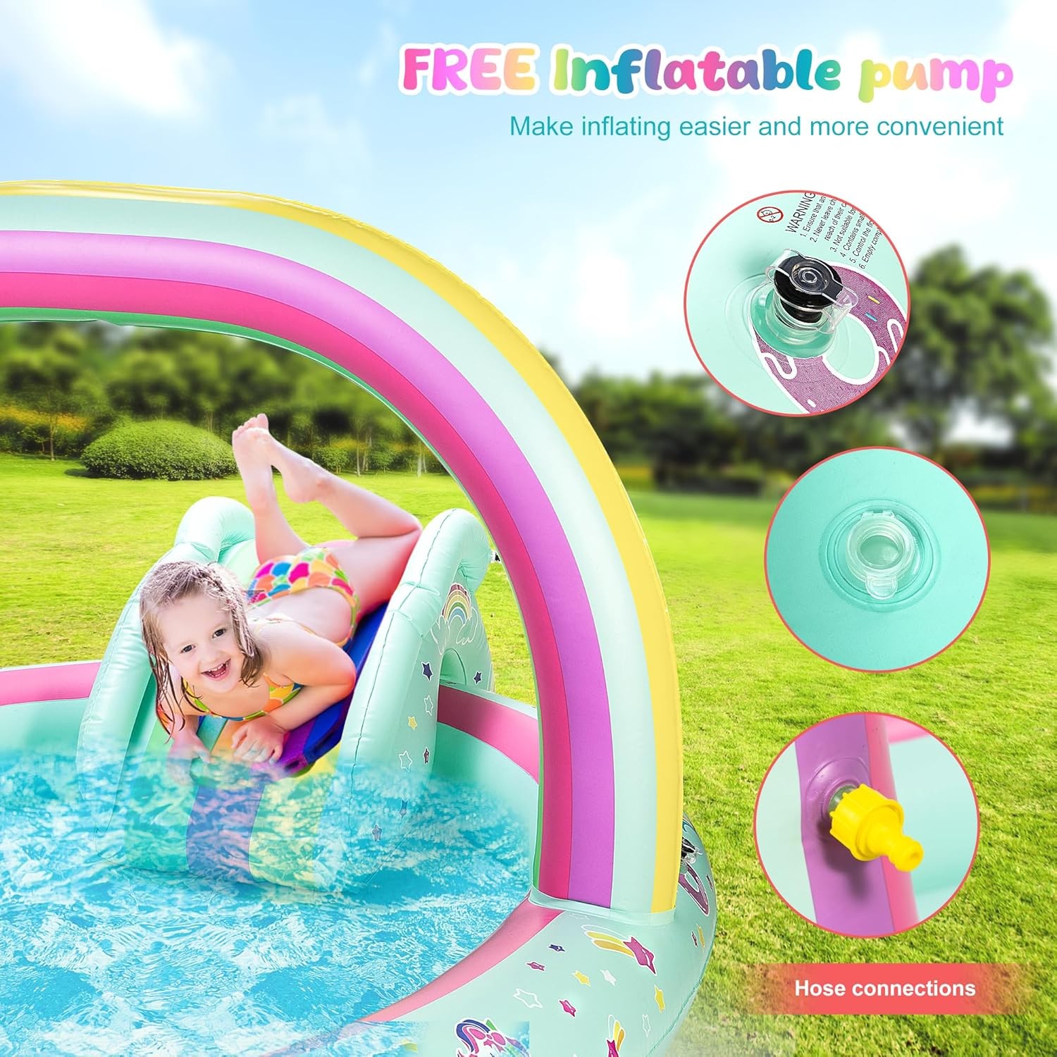 Rainbow Unicorn Inflatable Play Center Kiddie Pool W/ Slide & Sprinkler Children