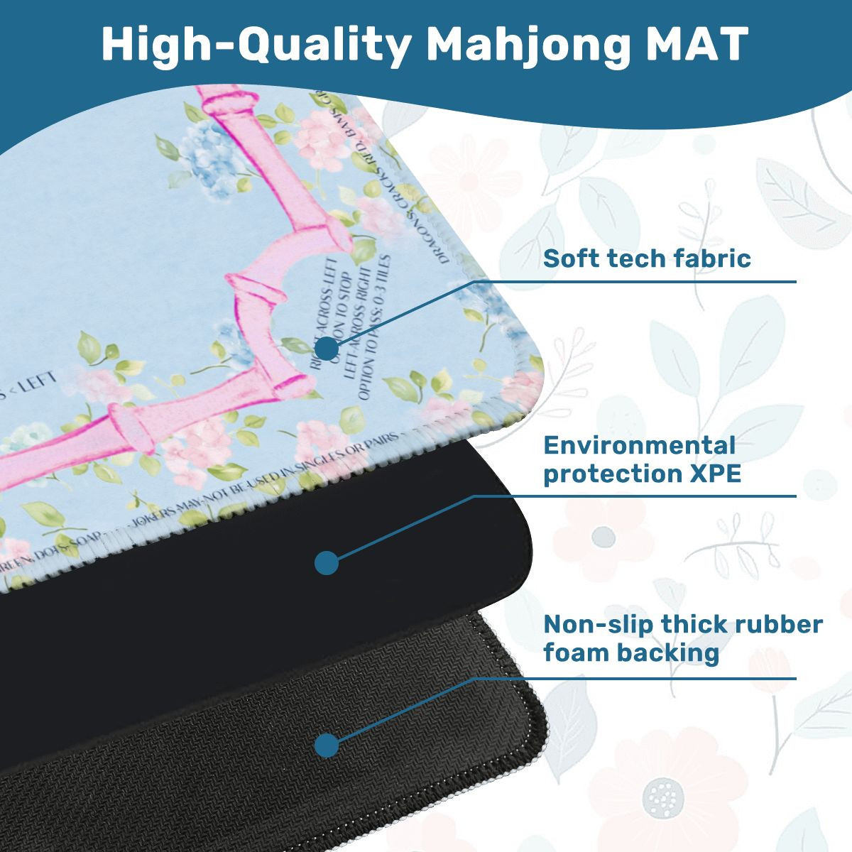 Hydrangea Floral Mahjong Mat – 3MM thick, 31.5″x31.5″, Pink and Blue