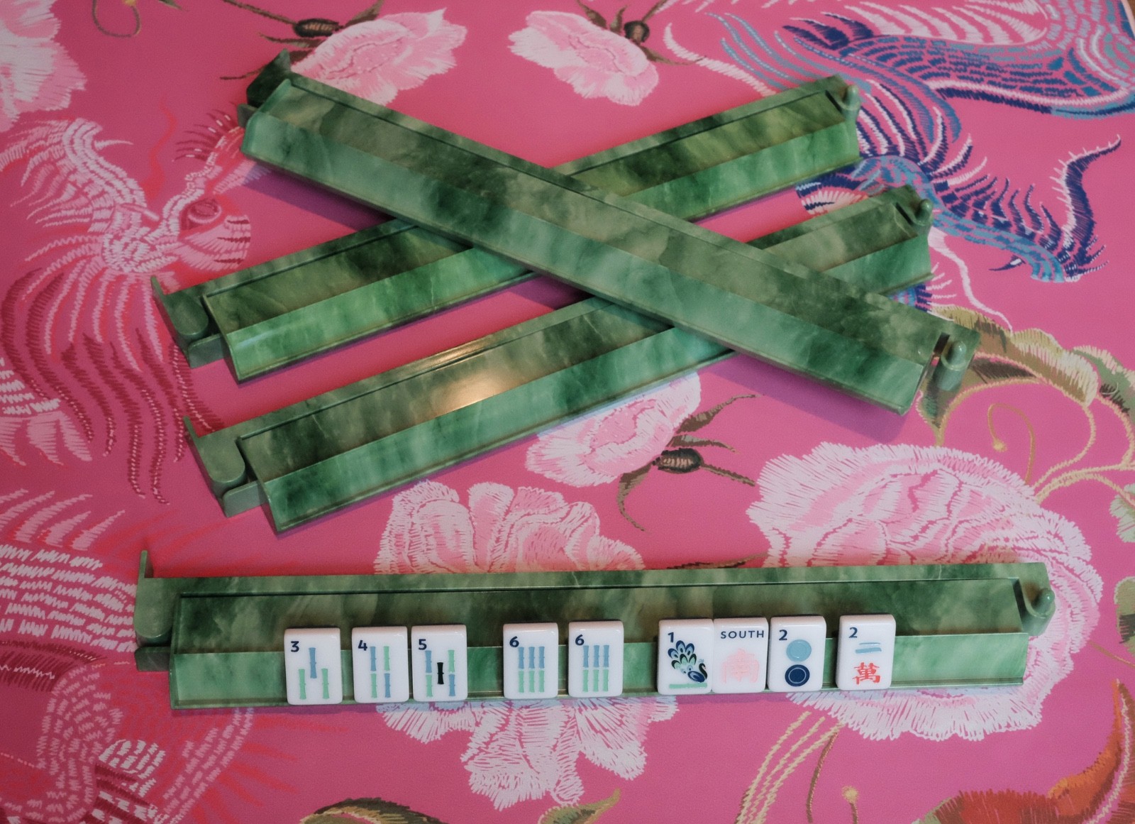 NEW! Set of 4 Green Marble Mahjong Racks & Attached Pushers 18.5″ – Beautiful!