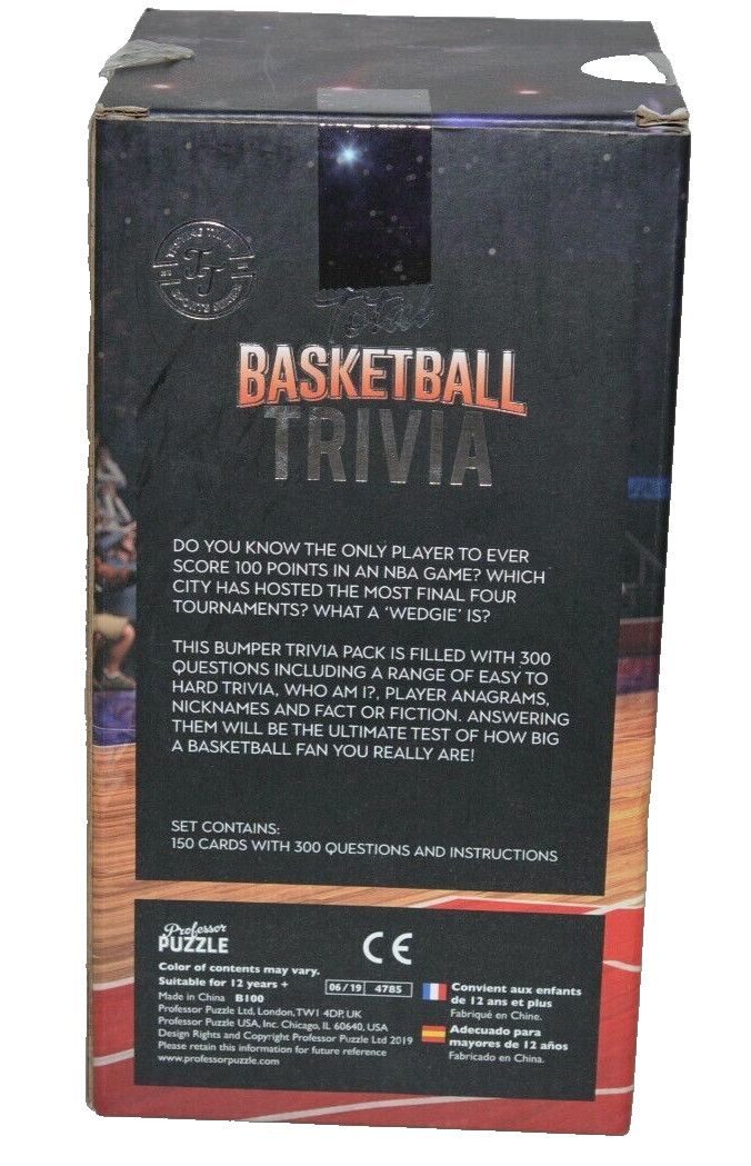 Total Basketball Trivia has 150 Cards with 300 Questions 2+ Players Ages 12+
