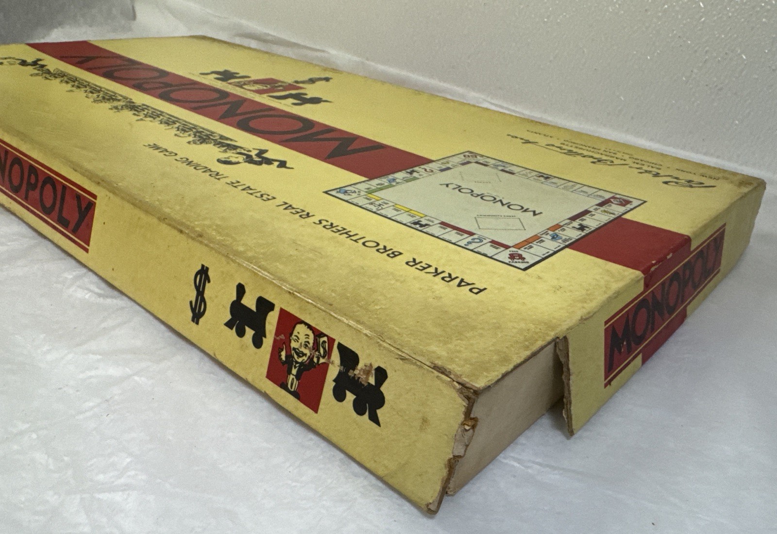 Vintage 1954 Monopoly Game Yellow Box Wooden Tokens Incomplete. See Description.