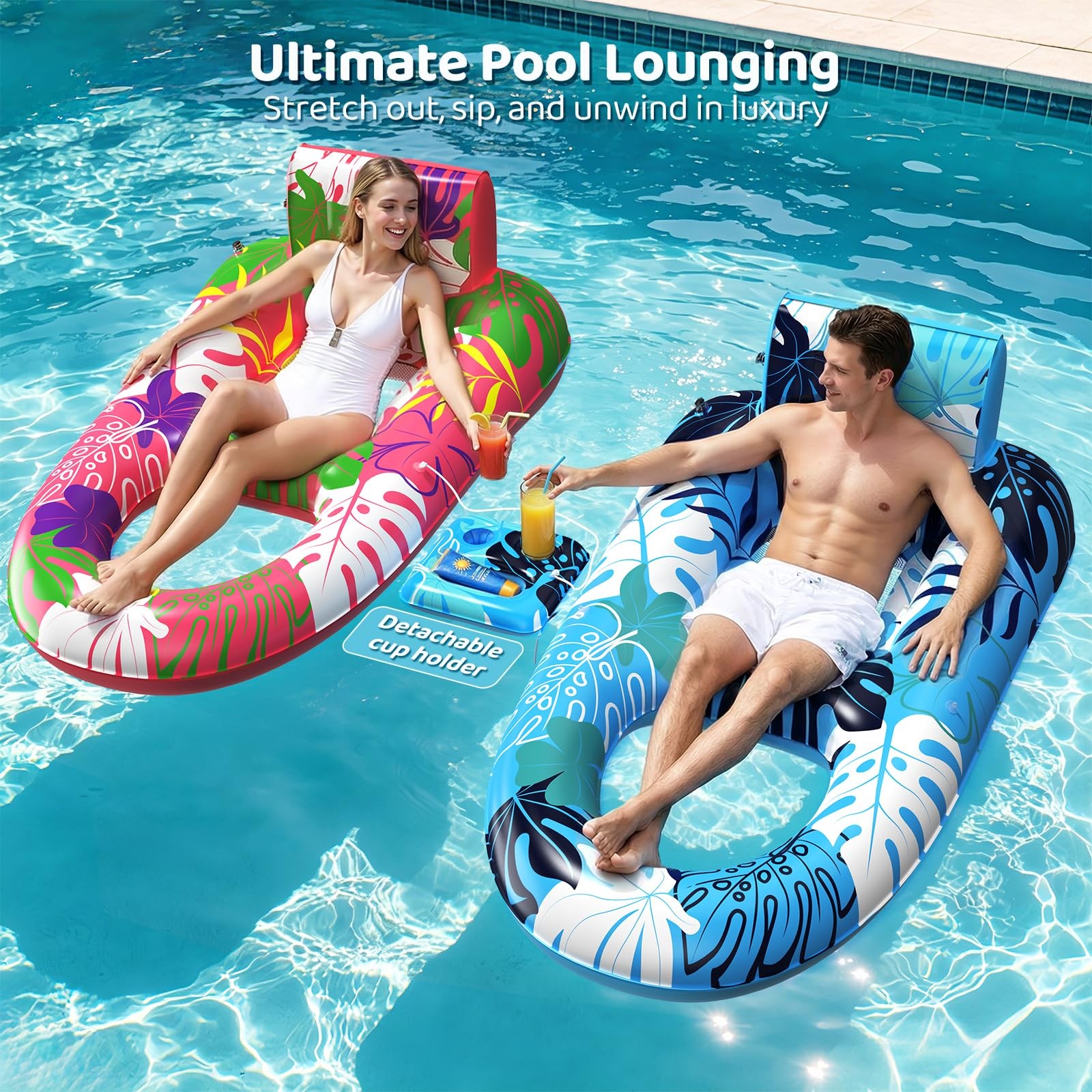 Pool Floats 2 Pack Extra Large 64 x37 Inflatable Lounger Blue Pink Heavy Duty